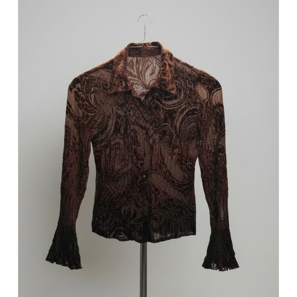 Vintage Devore Burnout Velvet Sheer Mesh Blouse Brown Paisley Bell Sleeve Top